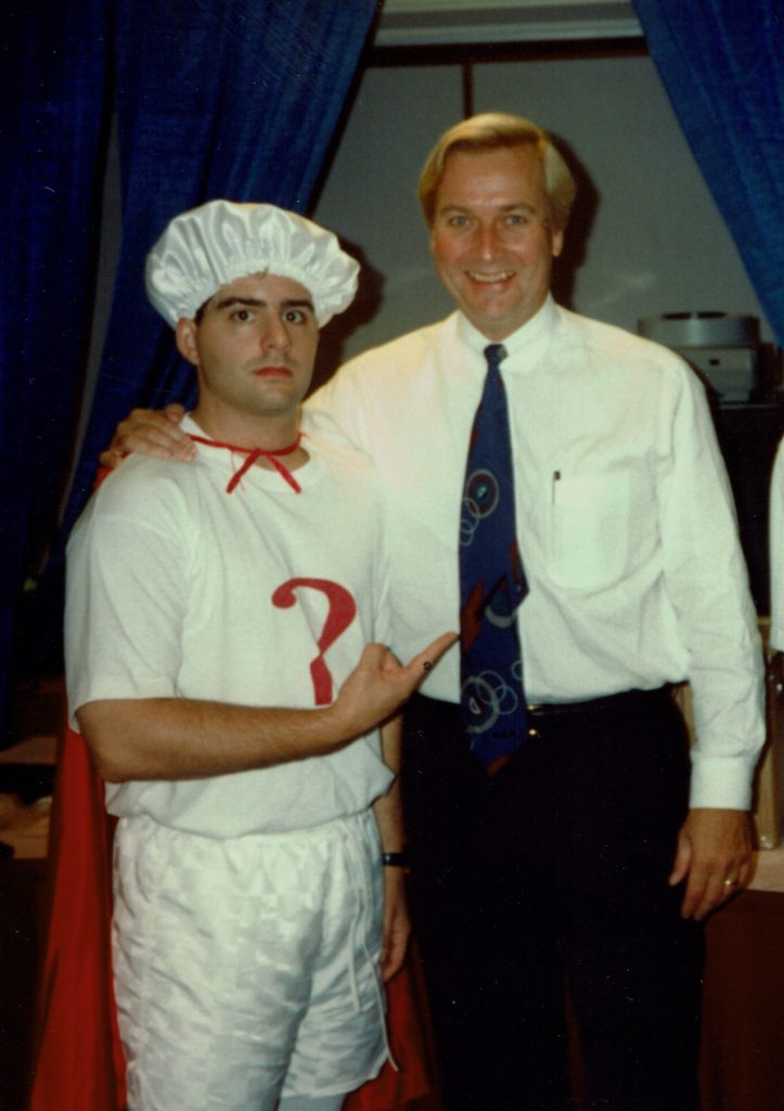 Matthew Fenton, in costume as "White Mystery Man," with Tom Wessling, July 1993.